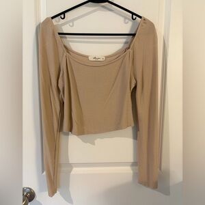 Beige Waffle-Knit Long Sleeve Square Neck Crop Top